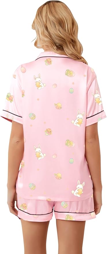 Umeyda Women & Girls Pajamas Set, Soft Satin Lightweight Silk Button-Down Top with Shorts 2 Piece PJS for Mom Boys Kids Gifts