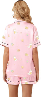 Umeyda Women & Girls Pajamas Set, Soft Satin Lightweight Silk Button-Down Top with Shorts 2 Piece PJS for Mom Boys Kids Gifts