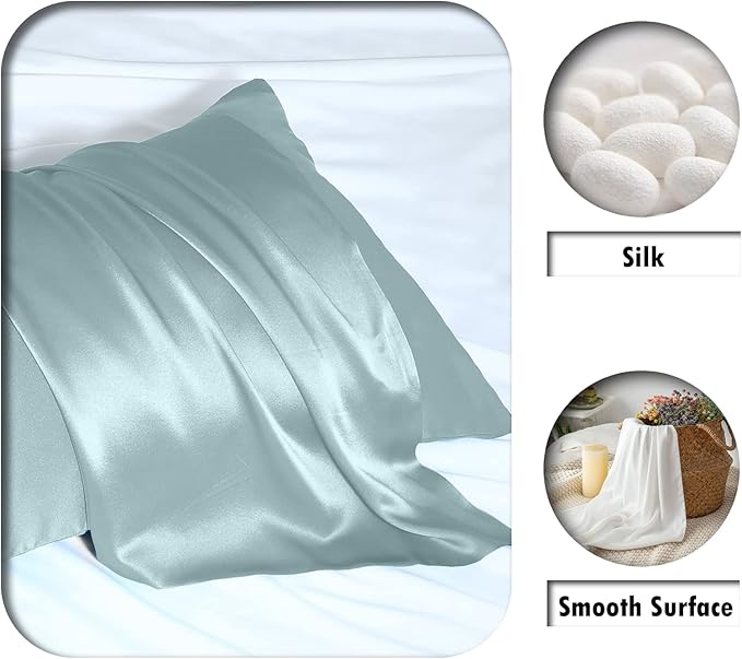 Suatien Mulberry Silk Pillowcase for Hair and Skin Silk Pillow Cases with Hidden Zipper Soft Smooth Cooling Silk Satin Pillow Cases for Sleeping Haze Blue-2 Pack Standard（20"X 26"）