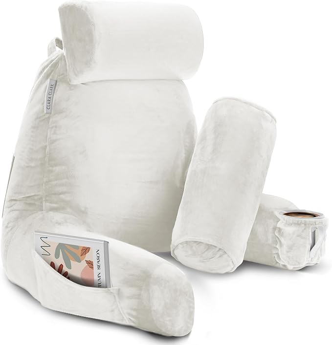 Clara Clark Reading Pillow with Shredded Memory Foam Includes 2 Neck and Lumber Support Pillows, Designed for Sitting Up in Bed and Couch, Back and Arms Adjustable Support for Adults & Teens, White