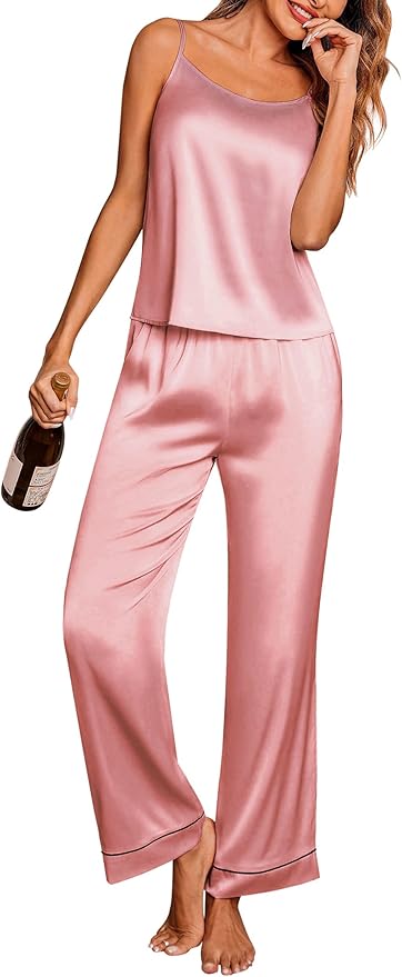 Ekouaer Women Silk Satin Pajamas Sleeveless Pjs Set 2 Piece Summer Loungewear Sleepwear with Pockets S-XXL