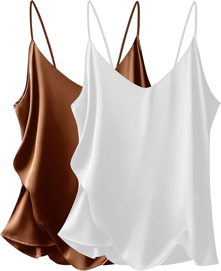 Ekouaer Women's 2 Pcs Satin Camisole Silky Pajama Tank Tops V Neck Soft Spaghetti Strap Loose Basic Sleepwear