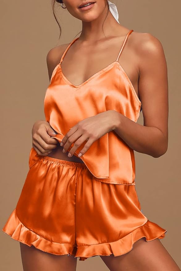 CHYRII Women's Sexy Silk Satin Ruffled Pajamas Sets Cami Shorts Sets Sleepwear
