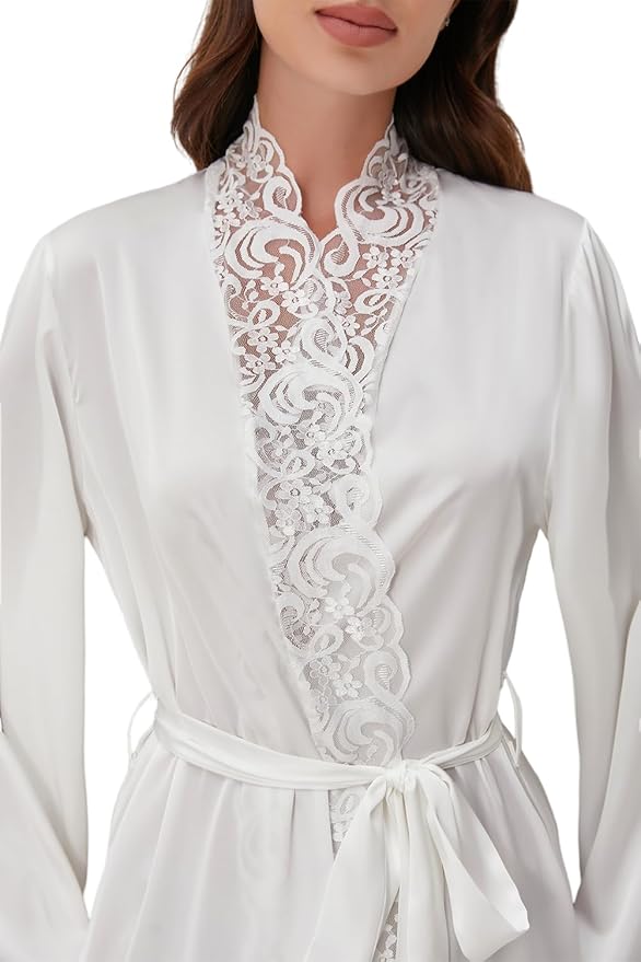 Women Sexy Satin Lace Robe,Long Sleeve Silk Bathrobe with Belt Soft Lightweight Full Length Sleepwear