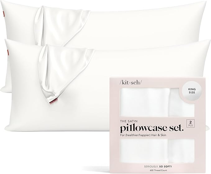 Kitsch Satin Pillowcase with Zipper for Hair & Skin - Softer Than Silk Pillow Cases, Smooth Cooling Satin Pillow Case, Wrinkle-Free, Machine Washable - King Size Satin Pillow Case (19x36), Ivory 2pcs