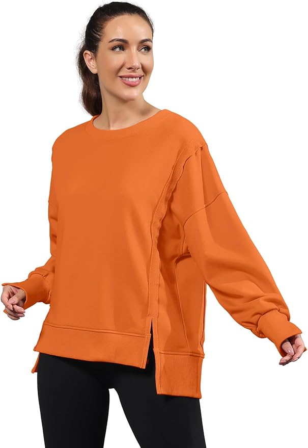 Nirovien Womens Oversized Crewneck Sweatshirt Side Slit Long Sleeve Pullover Slouchy Fit Tops