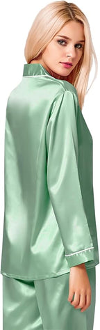 SWOMOG Womens Silk Satin Pajamas Set Long Sleeve Button Down Sleepwear 2 Piece Lounge Set Pj Set XS-3XL