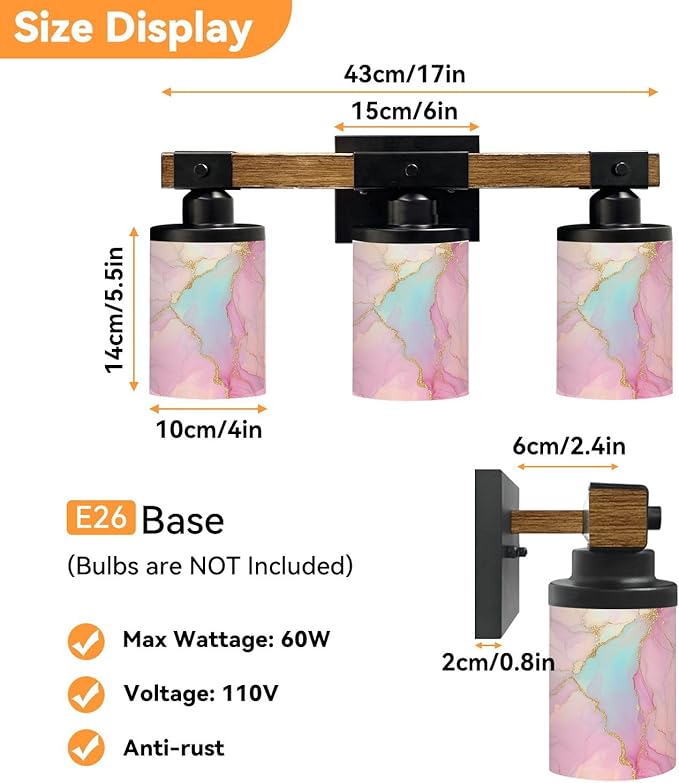 Vanity Lights for Bathroom Wall Lights for Bedroom Living Room Pastel Pink Blue Marble Texture Gold Veins Abstract Art Modern Bathroom Light Fixtures Wall Sconces 3 Light Home Decor