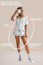 CHYRII Women's Silk Satin Pajamas Two Piece Pj Sets Short Sleeve Tops Ruffled Shorts Sleepwear with Magnetic Diffuser