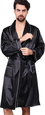 Haseil Men's Satin Robe Dragon Luxurious Silk Spa Long Sleeve House Kimono Bathrobe