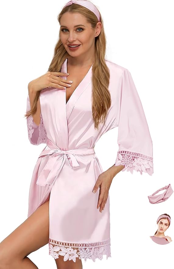 Silk Robes for Womens 2Pcs Satin Robe Kimonos Bridesmaid Bride Lace Bathrobes Sleepwear Bridal Silky Loungewear Wedding Robes