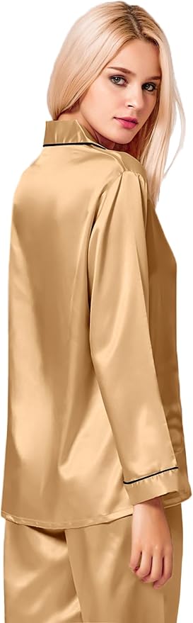 SWOMOG Womens Silk Satin Pajamas Set Long Sleeve Button Down Sleepwear 2 Piece Lounge Set Pj Set XS-3XL