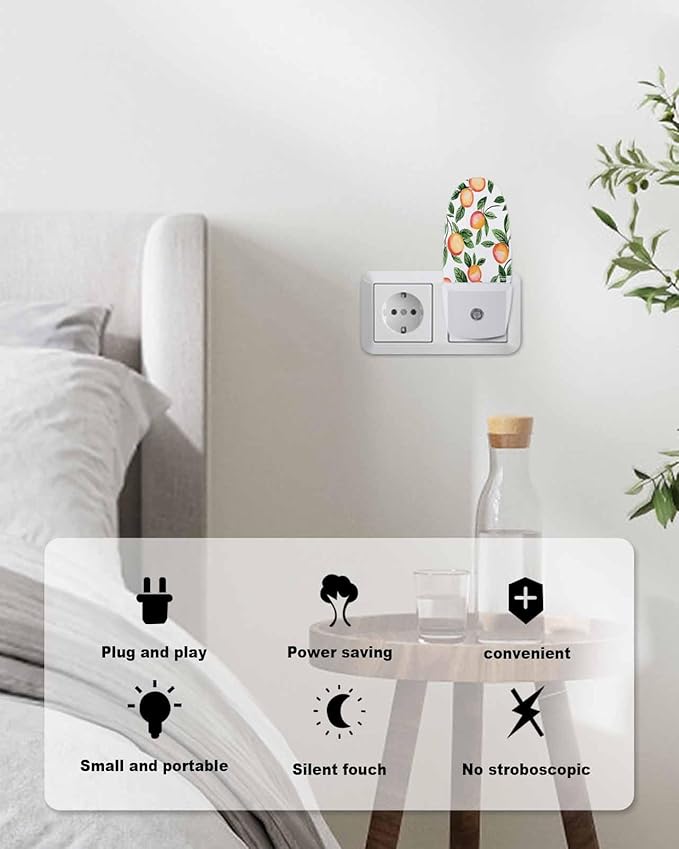 Spring Summer Country Peach on White Night Light Plug into Wall, Farmhouse Green Leaves Popsicle Shape Night Light Nightlight with Light Sensors for Kids Bedroom Hallway