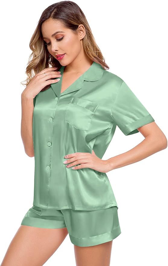 LecGee Womens Silk Satin Pajamas Short Sleeve Loungewear Two-Piece Sleepwear Button-Down Pj Set