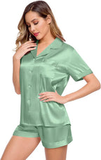 LecGee Womens Silk Satin Pajamas Short Sleeve Loungewear Two-Piece Sleepwear Button-Down Pj Set