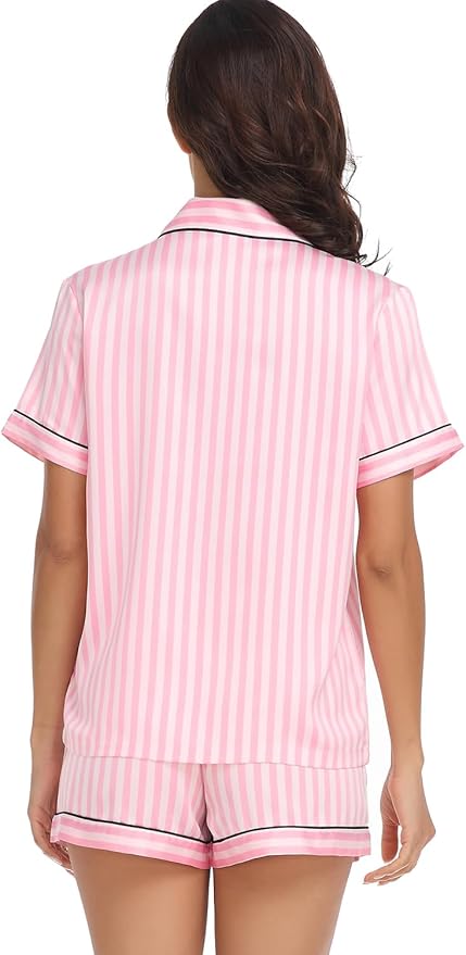 Serenedelicacy Women's Satin Pajama Set 2-Piece Sleepwear Loungewear Button Down Short Sleeve Silky PJ Set