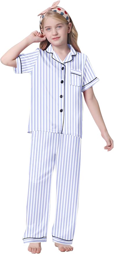 Umeyda Girls Womens Pajamas Set, Satin Silky Button Down Loungewear 2 Piece Short Sleeve Pants PJS Sets for Mommy Kids