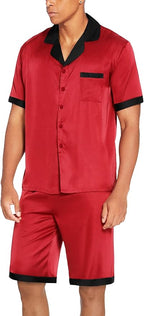 Ekouaer Men Satin Silk Pajamas Set with Pockets Sleepwear Shorts Satin Summer Loungewear 2 Piece Button Down Set S-3XL