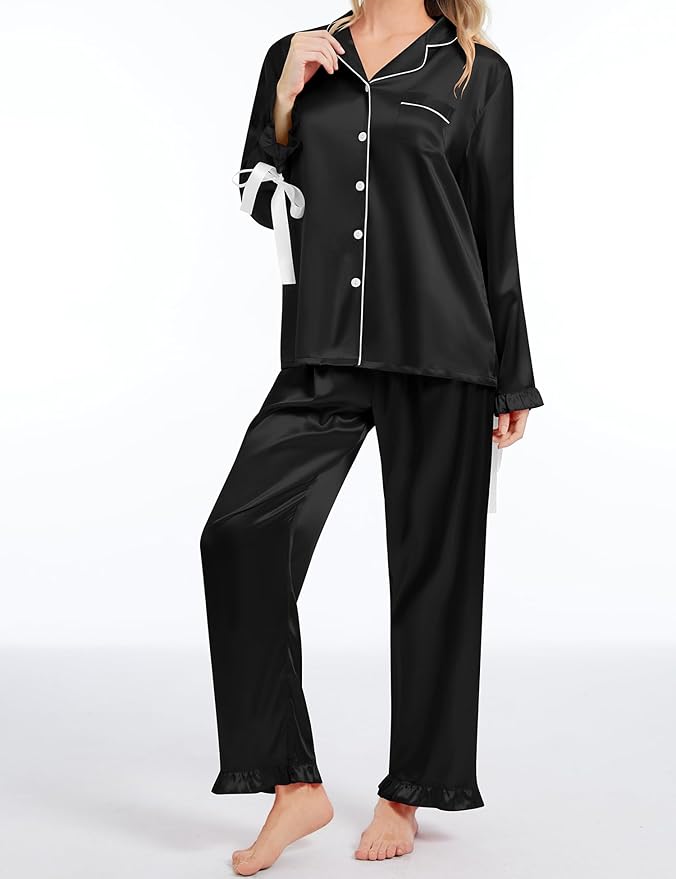 SWOMOG Womens Silk Satin Pajamas Set Long Sleeve Button Down Sleepwear 2 Piece Lounge Set Pj Set XS-3XL