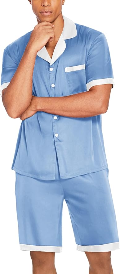 Ekouaer Men Satin Silk Pajamas Set with Pockets Sleepwear Shorts Satin Summer Loungewear 2 Piece Button Down Set S-3XL