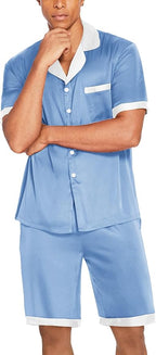 Ekouaer Men Satin Silk Pajamas Set with Pockets Sleepwear Shorts Satin Summer Loungewear 2 Piece Button Down Set S-3XL