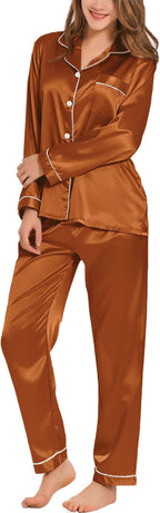 SWOMOG Womens Silk Satin Pajamas Set Long Sleeve Button Down Sleepwear 2 Piece Lounge Set Pj Set XS-3XL