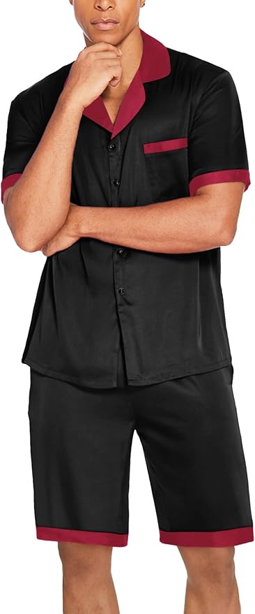 Ekouaer Men Satin Silk Pajamas Set with Pockets Sleepwear Shorts Satin Summer Loungewear 2 Piece Button Down Set S-3XL