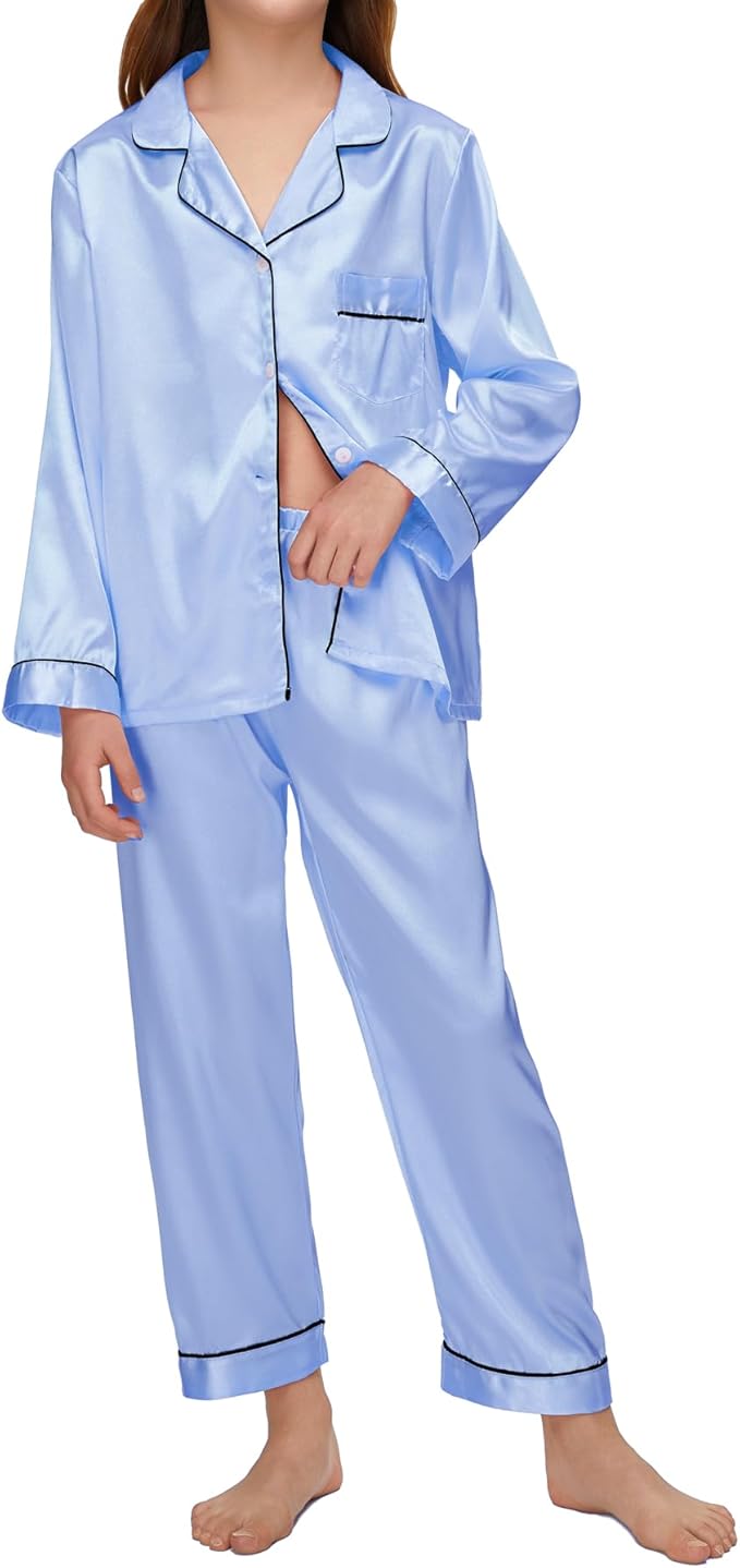 EPLAZA Kids Satin Pajamas Sets Girls Boys Button-Down Silky Pajamas Sleepwear with Hairband Eye Mask Hair Tie
