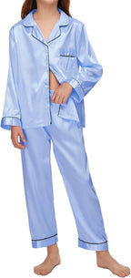 EPLAZA Kids Satin Pajamas Sets Girls Boys Button-Down Silky Pajamas Sleepwear with Hairband Eye Mask Hair Tie