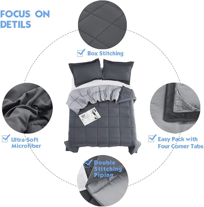 HIG 3 Pieces Grey California King Comforter Set, Modern Breathable Box Stitched Duvet Insert with 2 Shams, Soft Fluffy All Season Reversible Comforter Set Blanket with Corner Tabs for Bedroom