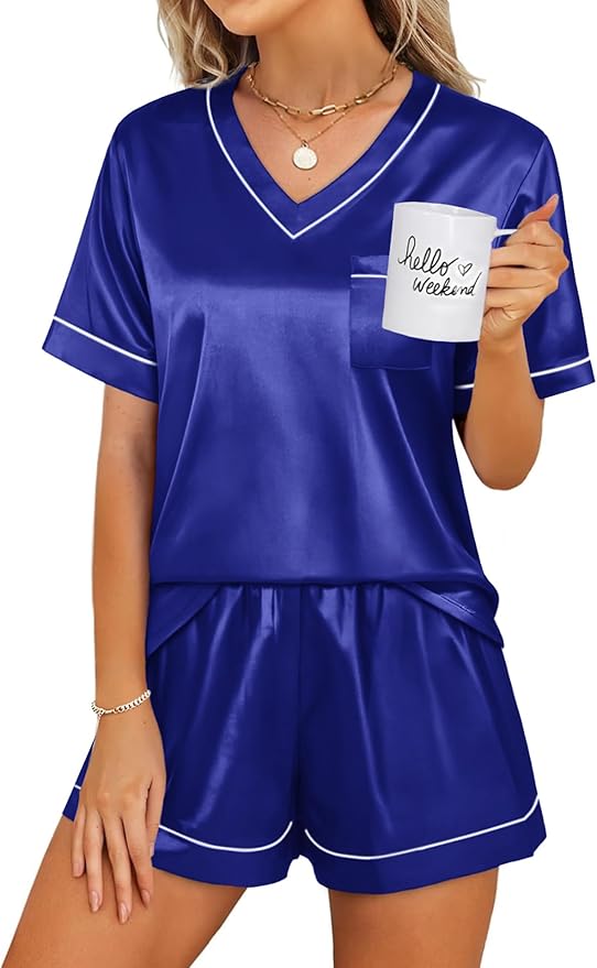 WIHOLL Silk Pajamas for Women Short Sleeve Sleepwear Soft Lounge Sets 2 Piece Satin Pjs