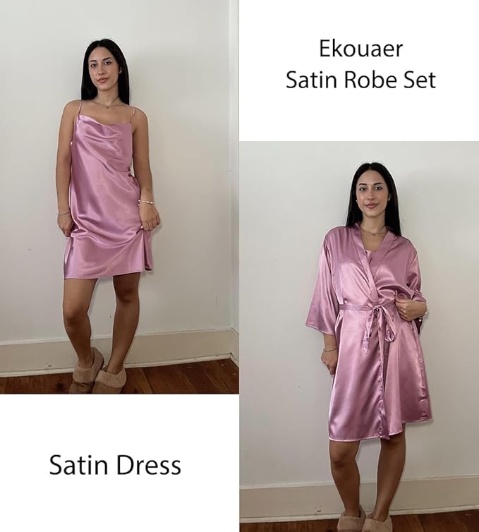 Ekouaer Women's Satin Robe Set Nightgown with Robes Silk Pajama Set 2 Pieces Lingerie Cowl Neck Cami Sleepwear Sets