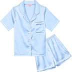 QPANCY Kids Satin Pajamas Sets Baby Boy Girl Button-Down Silk Sleepwear 2 Piece Short Sleeve Loungewear Clothes Set