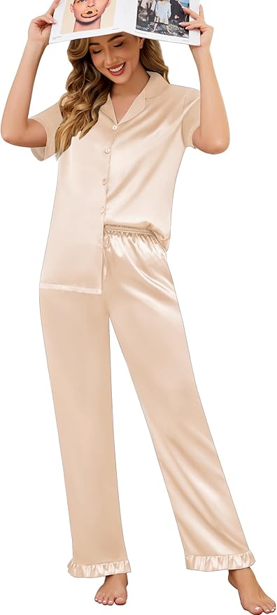 SWOMOG Women Satin Pajamas Set Short Sleeve Top & Pants Sleepwear Silky Button Down Nightwear 2pcs Loungewear Pjs Set