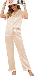 SWOMOG Women Satin Pajamas Set Short Sleeve Top & Pants Sleepwear Silky Button Down Nightwear 2pcs Loungewear Pjs Set