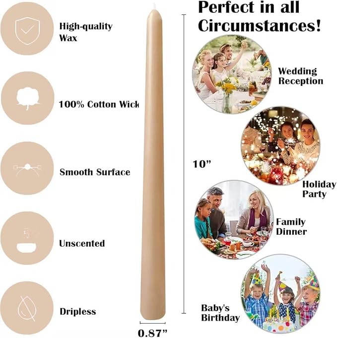 12-Pack Light-Mocha Taper Candles, 10 Inch Unscented Dripless Candlesticks, Long-Lasting Burn Time of 7-8 Hours, Perfect for Home Décor, Weddings, and Events