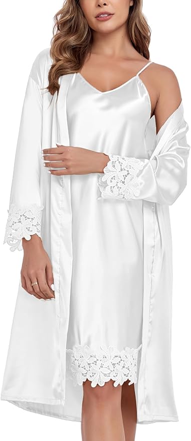 BestWendding Women's Silk Robe Set 2 Pieces Pajamas Sets Sexy Soft Satin Robe with V Neck Camisole Lingerie Nightgown
