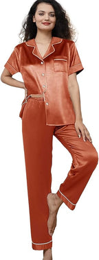 WJing Yi Jia Womens Pajamas Set XS-4XL Floral Silk Satin Pajama Sets Silky Pj Sets 2Pcs Loungewear Sleepwear Button Down Pjs