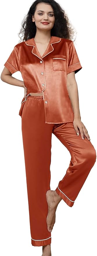 WJing Yi Jia Womens Pajamas Set XS-4XL Floral Silk Satin Pajama Sets Silky Pj Sets 2Pcs Loungewear Sleepwear Button Down Pjs