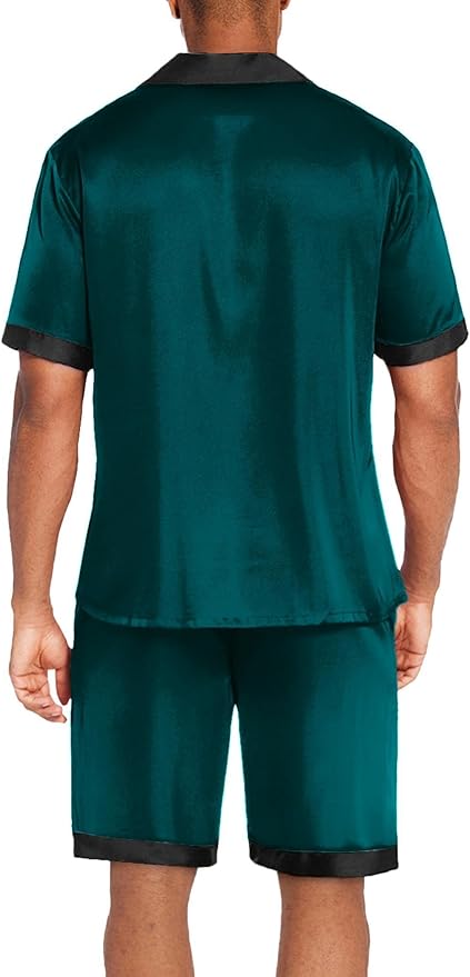 Ekouaer Men Satin Silk Pajamas Set with Pockets Sleepwear Shorts Satin Summer Loungewear 2 Piece Button Down Set S-3XL