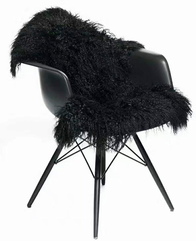 Genuine Tibetan/Mongolian Lambskin Sheepskin Hide Pelt Throw Area Rug Plate Wool Carpet Real Sheep Fur in Bedroom, Living Room 3.5x2Ft (Black)