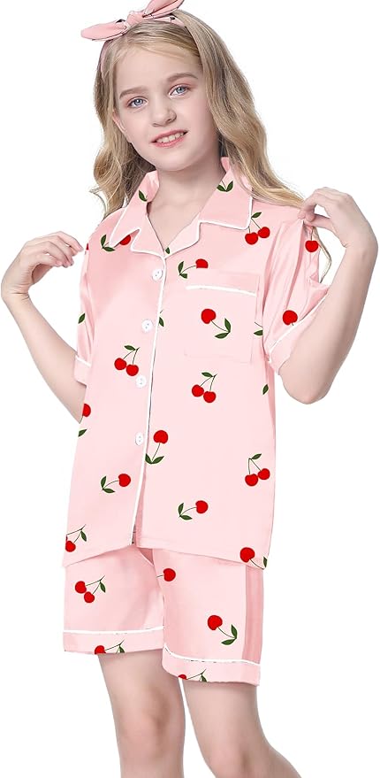 Umeyda Women & Girls Pajamas Set, Soft Satin Lightweight Silk Button-Down Top with Shorts 2 Piece PJS for Mom Boys Kids Gifts
