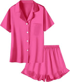 Umeyda Girls & Women Satin Pajamas Set Button Down 2 Piece Silk Pjs Shorts Set Ruffle Sleepwear, 5 Years-Women L