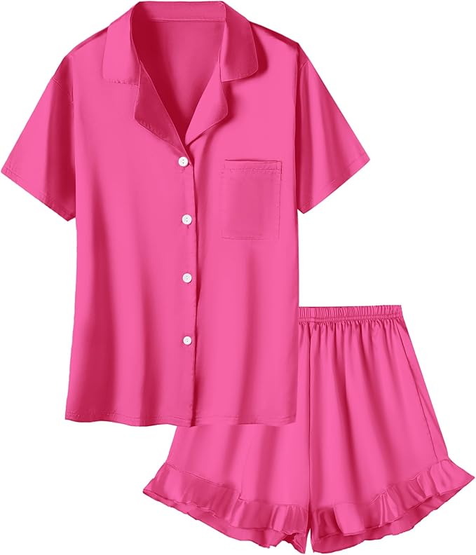 Umeyda Girls & Women Satin Pajamas Set Button Down 2 Piece Silk Pjs Shorts Set Ruffle Sleepwear, 5 Years-Women L