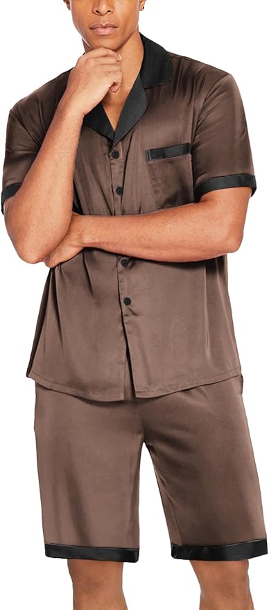 Ekouaer Men Satin Silk Pajamas Set with Pockets Sleepwear Shorts Satin Summer Loungewear 2 Piece Button Down Set S-3XL