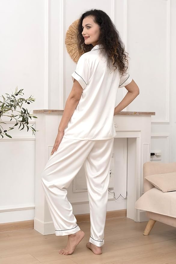 WJing Yi Jia Womens Pajamas Set XS-4XL Floral Silk Satin Pajama Sets Silky Pj Sets 2Pcs Loungewear Sleepwear Button Down Pjs