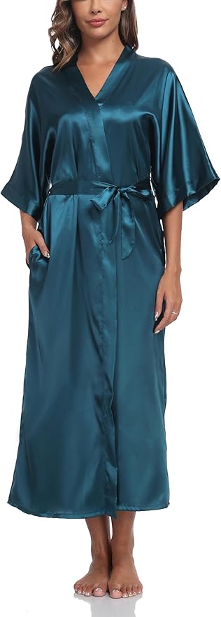 Women's Silk Robes Soft Long Satin Kimono Bathrobe Bride Bridesmaid Wedding Party Robes Sexy Sleepwear with Pockets