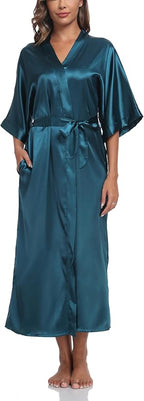Women's Silk Robes Soft Long Satin Kimono Bathrobe Bride Bridesmaid Wedding Party Robes Sexy Sleepwear with Pockets