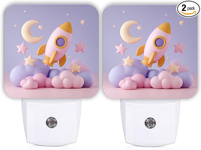 Rocket Night Lights Plug Into Wall, Playful Fanciful Moon Stars None Pastel Peach Plug in Night Light with Dusk to Dawn Sensor for Bathroom Closet Laundry Room Decor 2pcs