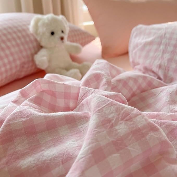 Nayoroom Gingham Duvet Cover Twin Size Pink White Plaid Checkered Comforter Cover 2 Pcs Soft Breathable Washed Microfiber Grid Farmhouse Bedding Set with Pillow Shams
